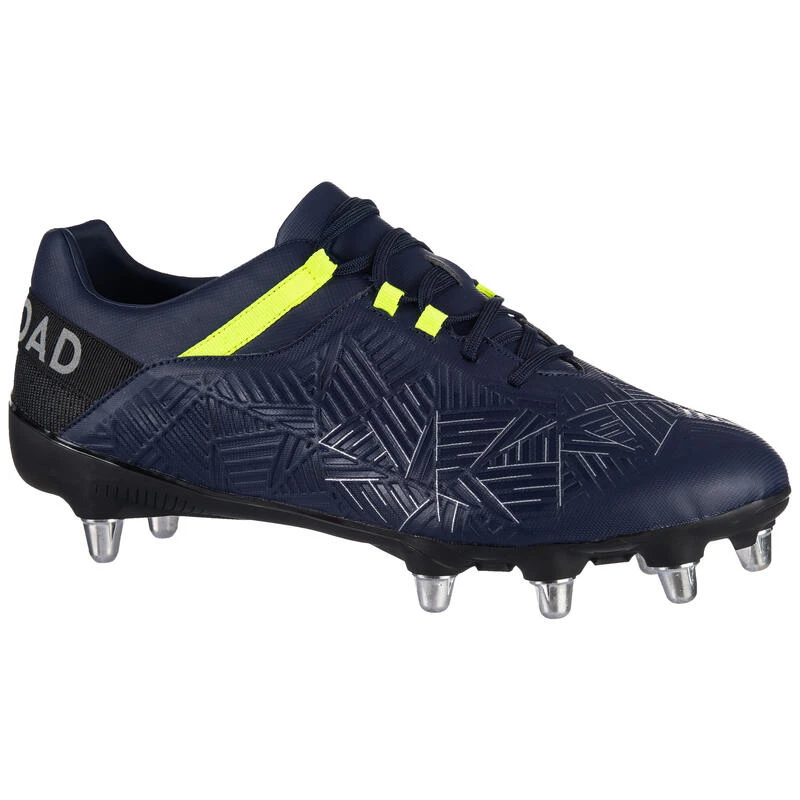 Chaussures De Rugby Terrains Gras 8 Crampons Density R500 SG Bleue Jaune