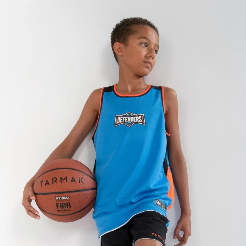 MAILLOT DE BASKETBALL SANS MANCHE REVERSIBLE ENFANT - T500R BLEU BLANC ORANGE â Image 2