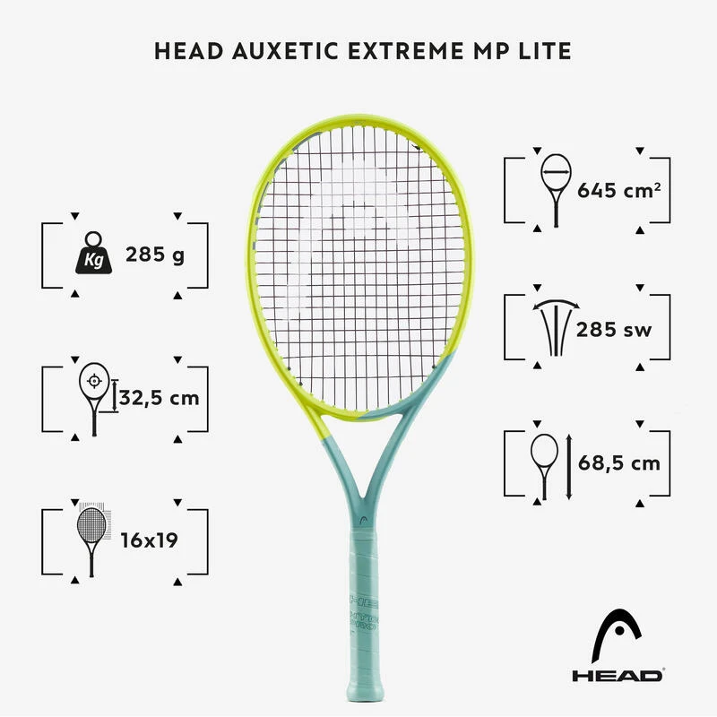 Raquette De Tennis Adulte - HEAD Auxetic Extreme MP Lite Gris Jaune 285g â Image 2