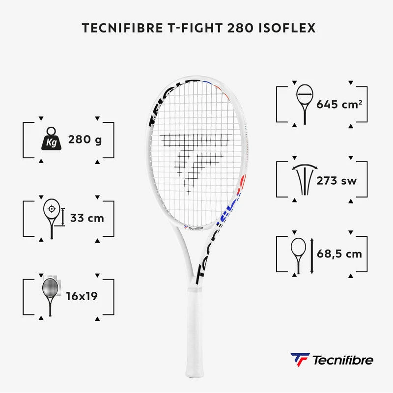 RAQUETTE DE TENNIS ADULTE - TECNIFIBRE T-FIGHT 280 ISOFLEX BLANC NON CORDEE 280g â Image 2