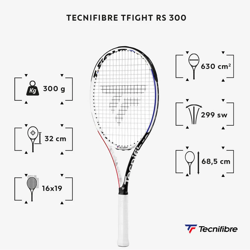 RAQUETTE DE TENNIS ADULTE - TECNIFIBRE TFIGHT RS 300 BLANCHE NOIRE NON CORDEE â Image 2