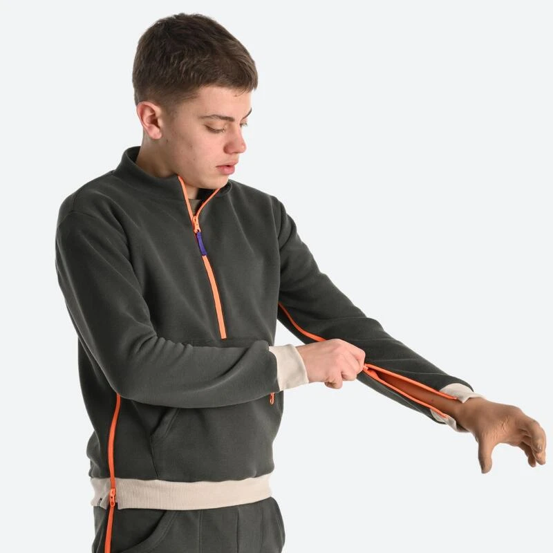 Decathlon Sweat Enfant Zippé Facile à Enfiler - Vert Olive – Image 2